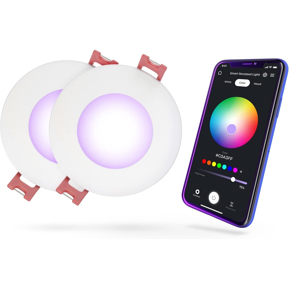 image:imageGlobe Electric 50466 WiFi Smart 3 Ultra Slim LED Recessed Lighting Kit 2Pack No Hub Required Voice Activated 7 W Multicolor Changing RGB Tunable White 2000K 5000K 390 Lumens Wet Rated2 Count Pack of 1