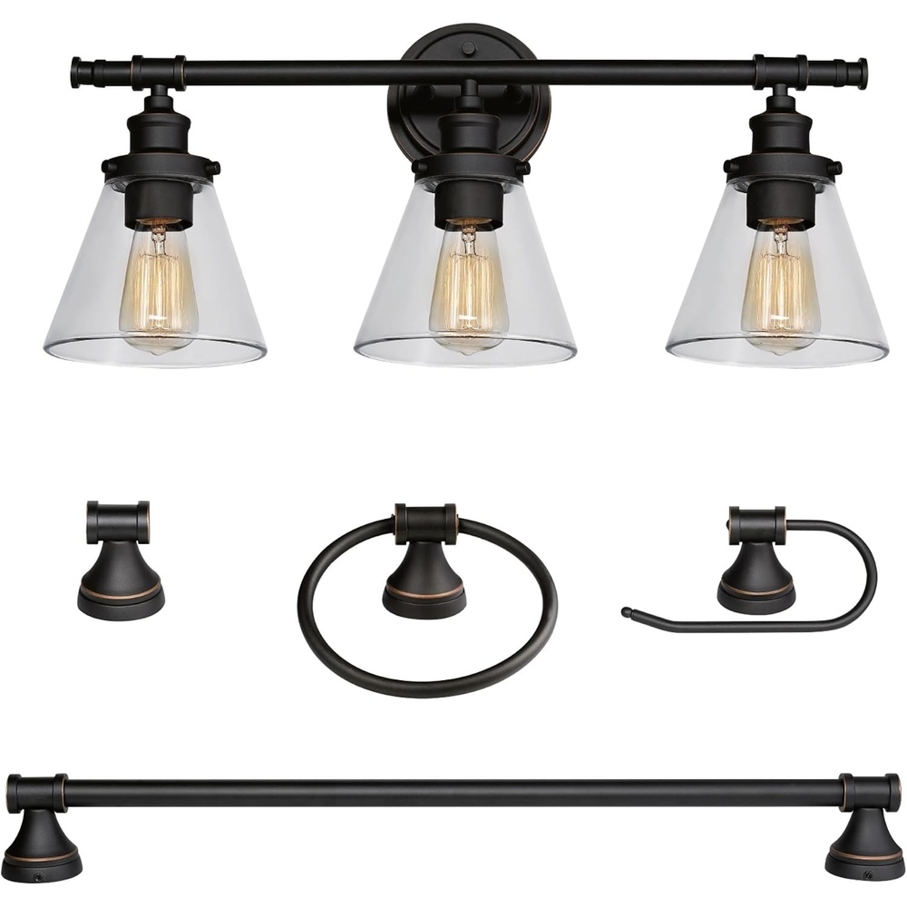 image:imageGlobe Electric 51234 5Piece AllinOne Bathroom Set Chrome 23 3Light Vanity Wall Light with Clear Glass Shades Towel Bar and Ring Robe Hook Toilet Paper Holder Beauty Room AccessoriesBronze Parker