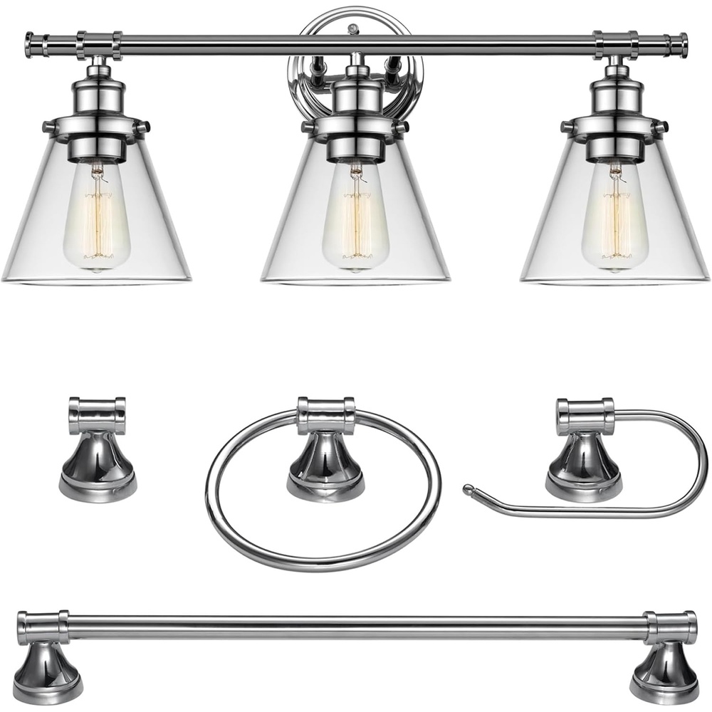 image:imageGlobe Electric 51234 5Piece AllinOne Bathroom Set Chrome 23 3Light Vanity Wall Light with Clear Glass Shades Towel Bar and Ring Robe Hook Toilet Paper Holder Beauty Room AccessoriesChrome Parker