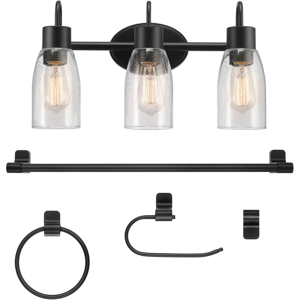 image:imageGlobe Electric 51234 5Piece AllinOne Bathroom Set Chrome 23 3Light Vanity Wall Light with Clear Glass Shades Towel Bar and Ring Robe Hook Toilet Paper Holder Beauty Room AccessoriesBlack Seeded Shades