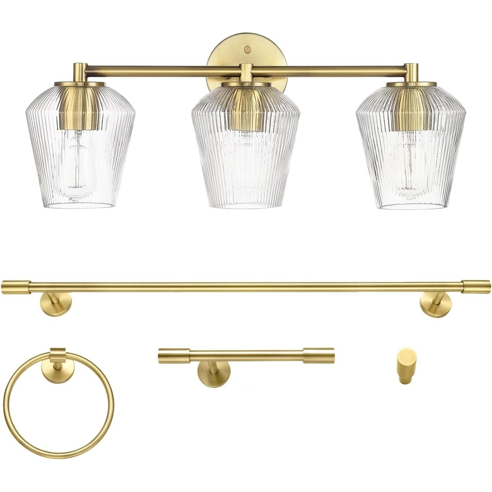 image:imageGlobe Electric 51234 5Piece AllinOne Bathroom Set Chrome 23 3Light Vanity Wall Light with Clear Glass Shades Towel Bar and Ring Robe Hook Toilet Paper Holder Beauty Room AccessoriesBrass