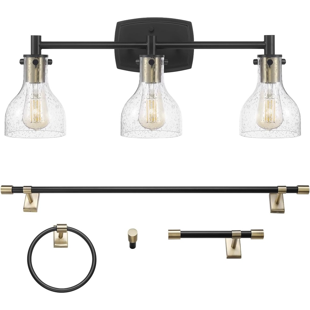 image:imageGlobe Electric 51234 5Piece AllinOne Bathroom Set Chrome 23 3Light Vanity Wall Light with Clear Glass Shades Towel Bar and Ring Robe Hook Toilet Paper Holder Beauty Room AccessoriesMatte Black  Bailey 5Piece