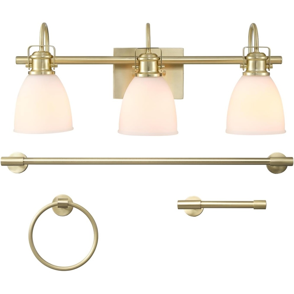 image:imageGlobe Electric 51234 5Piece AllinOne Bathroom Set Chrome 23 3Light Vanity Wall Light with Clear Glass Shades Towel Bar and Ring Robe Hook Toilet Paper Holder Beauty Room AccessoriesMatte Brass Frosted Opal Glass