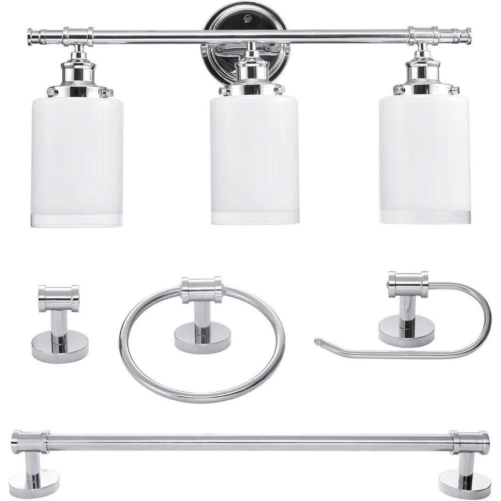 image:imageGlobe Electric 51414 Freya 5Piece AllinOne Bathroom Set 3 Vanity Light with White Shades Bar Towel Ring Robe Hook Toilet Paper Holder Chrome with Frosted Glass