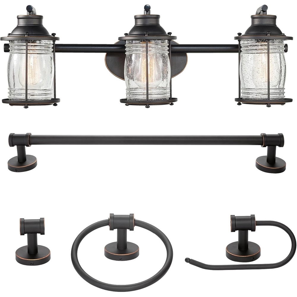 image:imageGlobe Electric 51549 5Piece AllinOne Bathroom Set Oil Rubbed Bronze 3Light Vanity Wall Light with Ribbed Seeded Glass Shades Towel Bar and Ring Robe Hook Toilet Paper HolderOilRubbed Bronze