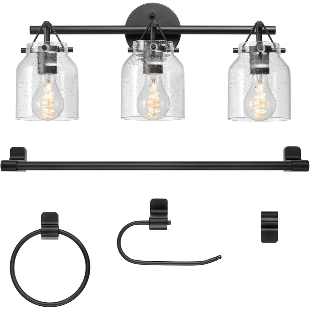 image:imageGlobe Electric 51634 Dakota 5Piece AllinOne Bathroom Set 3 Vanity Light with Seeded Glass Shades Bar Toilet Paper Holder Towel Ring Robe Hook Matte BlackMatte Black