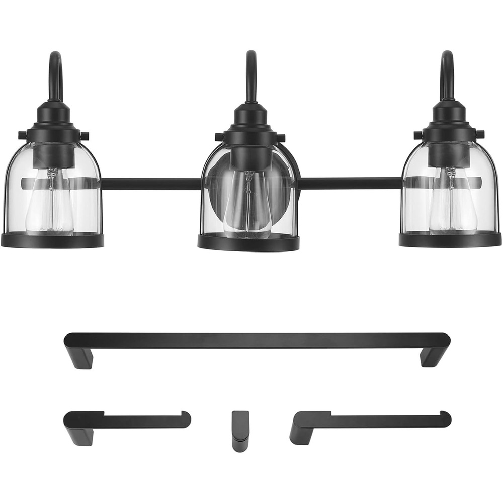 image:imageGlobe Electric 52064 Devonport 5Piece AllinOne Bathroom Set Matte Black 3Light Vanity Light with Clear Glass Shades Towel Bar Towel Ring Robe Hook Toilet Paper Holder