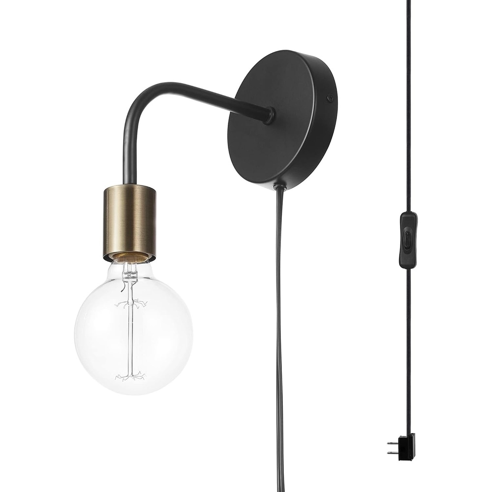 image:imageGlobe Electric 52103 1Light Long Arm Plugin or Hardwire Wall Sconce Matte Black Matte Brass Socket Wall Lights for Living Room Bedroom Den Apartment Essentials Mounted Bedside Lamp