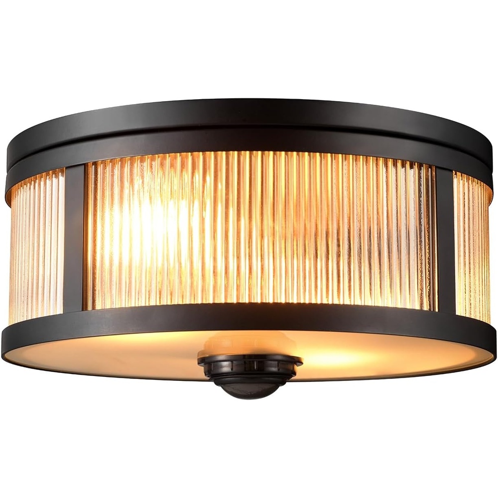 image:imageGlobe Electric 60000123 2Light Motion Activated Outdoor Flush Mount Ceiling Light Matte Black Ribbed Glass Shade Frosted Lens 360Degree Detection 25ft Range Weather Resistant Kitchen Dcor