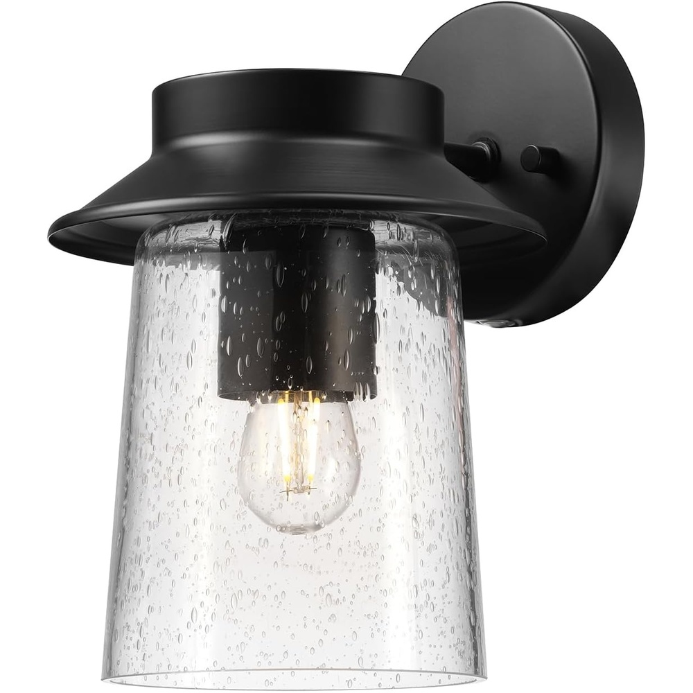 image:imageGlobe Electric 60000130 LED Integrated Outdoor Solar Wall Sconce Matte Black Seeded Glass Shade Faux Filament Bulb 1 Watt 100 Lumens 3000 Kelvin 80 CRI