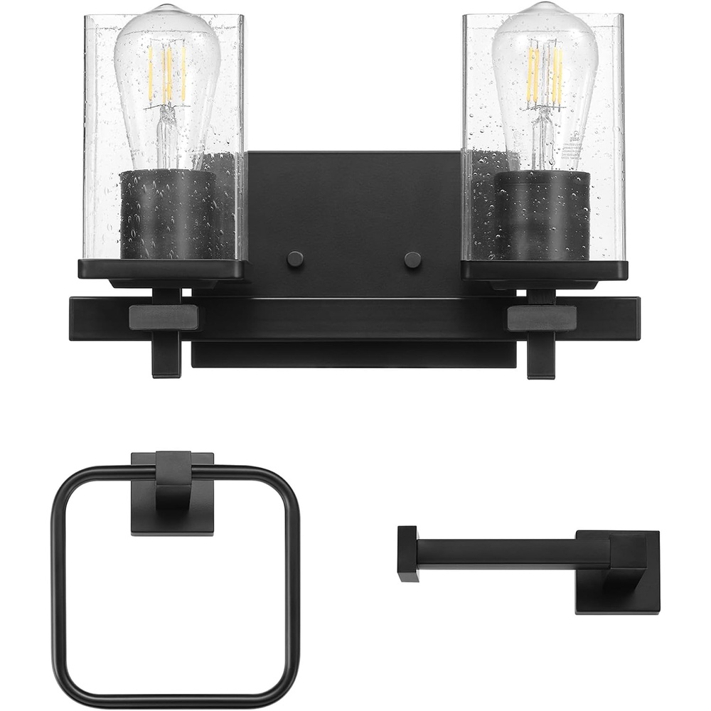 image:imageGlobe Electric 63000101 3Piece Powder Room Set Matte Black 13 2Light Vanity Fixture Seeded Glass Shades Towel Ring Toilet Paper Holder Bathroom Decor Lighting Over Mirror Home EssentialsMatte Black