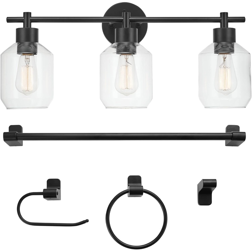 image:imageGlobe Electric 63000104 3Piece Bath Accessories Satin Nickel Finish 15 2Light Vanity Light Alabaster Glass Shades Toilet Paper Holder Towel Ring Bathroom Dcor Home EssentialsMatte Black 5Piece