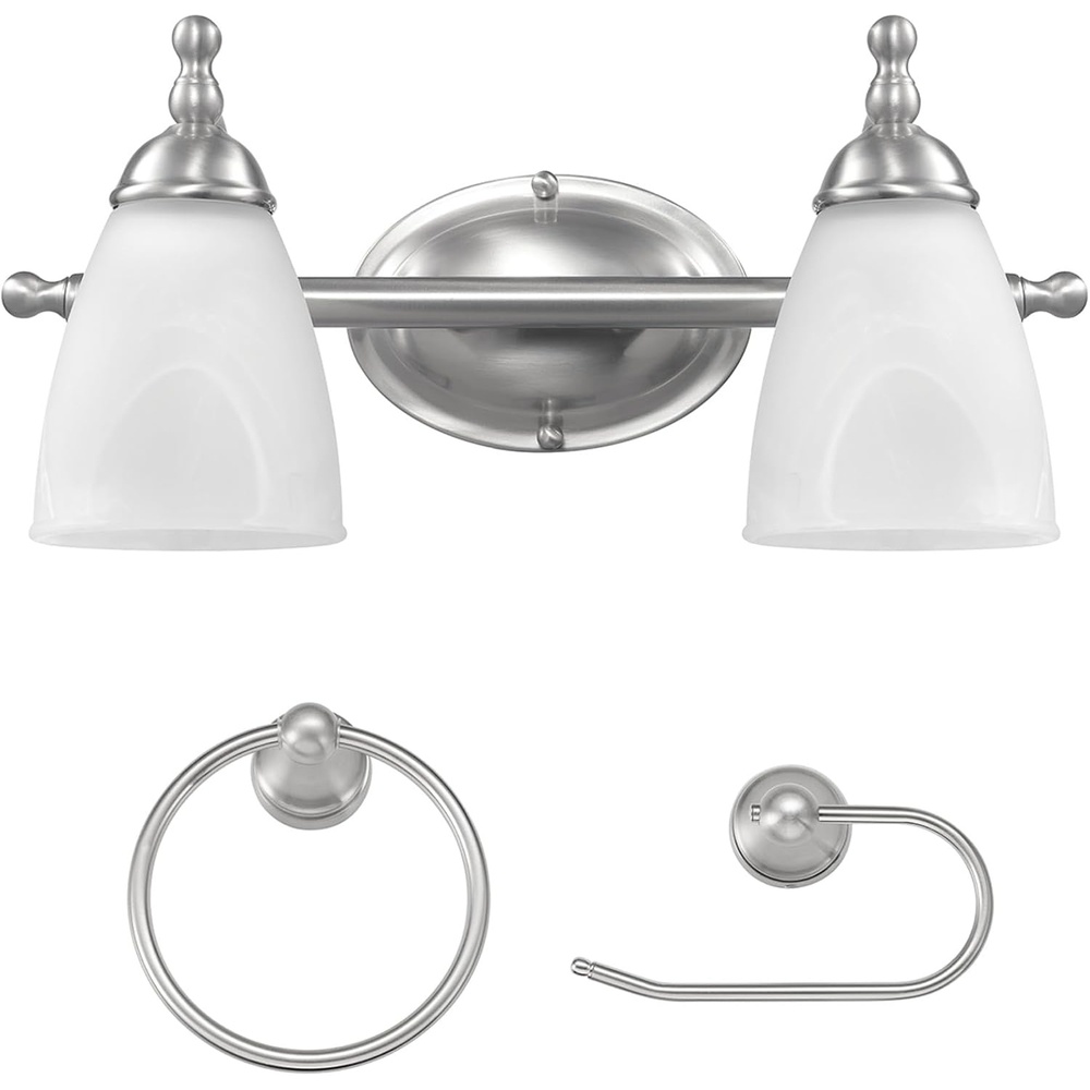 image:imageGlobe Electric 63000104 3Piece Bath Accessories Satin Nickel Finish 15 2Light Vanity Light Alabaster Glass Shades Toilet Paper Holder Towel Ring Bathroom Dcor Home EssentialsSilver Diana