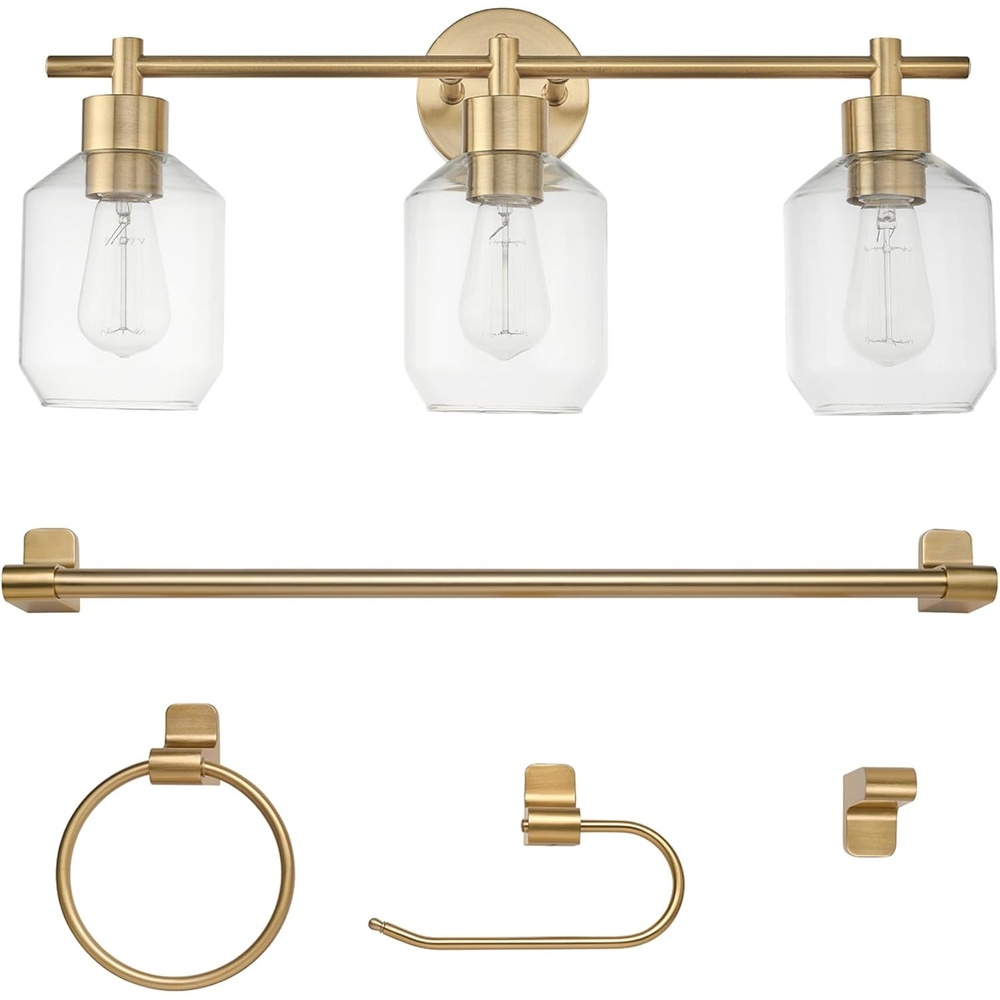 image:imageGlobe Electric 63000104 3Piece Bath Accessories Satin Nickel Finish 15 2Light Vanity Light Alabaster Glass Shades Toilet Paper Holder Towel Ring Bathroom Dcor Home EssentialsGold