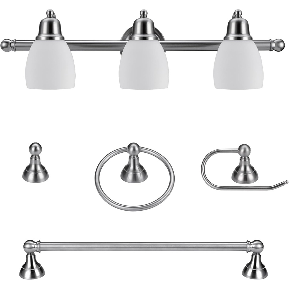 image:imageGlobe Electric 63000104 3Piece Bath Accessories Satin Nickel Finish 15 2Light Vanity Light Alabaster Glass Shades Toilet Paper Holder Towel Ring Bathroom Dcor Home EssentialsNickel