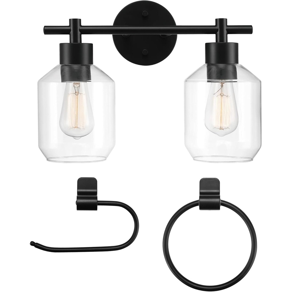 image:imageGlobe Electric 63000104 3Piece Bath Accessories Satin Nickel Finish 15 2Light Vanity Light Alabaster Glass Shades Toilet Paper Holder Towel Ring Bathroom Dcor Home EssentialsMatte Black 3Piece