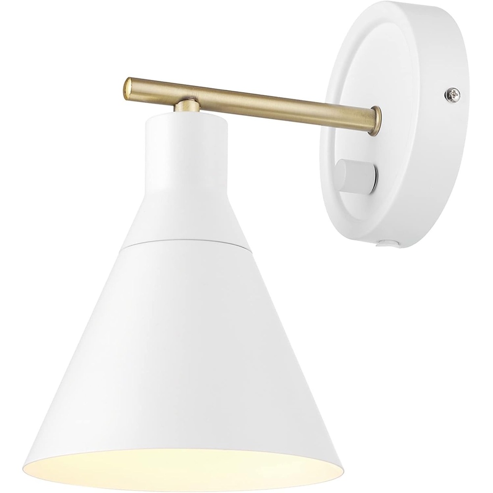 image:imageGlobe Electric 65542 1Light Plugin or Hardwire Wall Sconce Matte White Brass Accent Stepless Dimming Rotary Switch Fabric Cord Modern Lighting for Apartment or Renters Home Decor