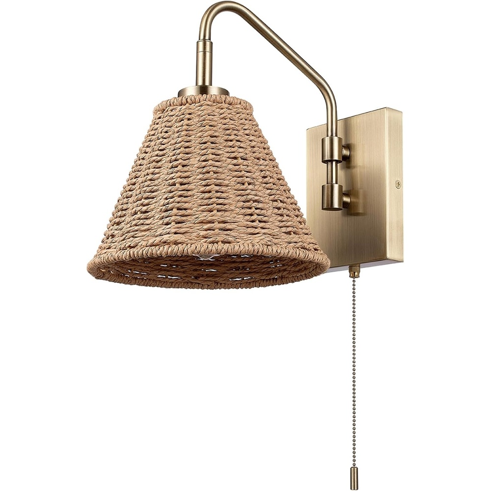 image:imageGlobe Electric 65925 2Light Plugin or Hardwire Wall Sconce Matte White Fabric Shade with Natural Rattan Accent 6ft Braided Cord inLine Rocker Switch Modern Lighting for Apartments or RentersEtienne