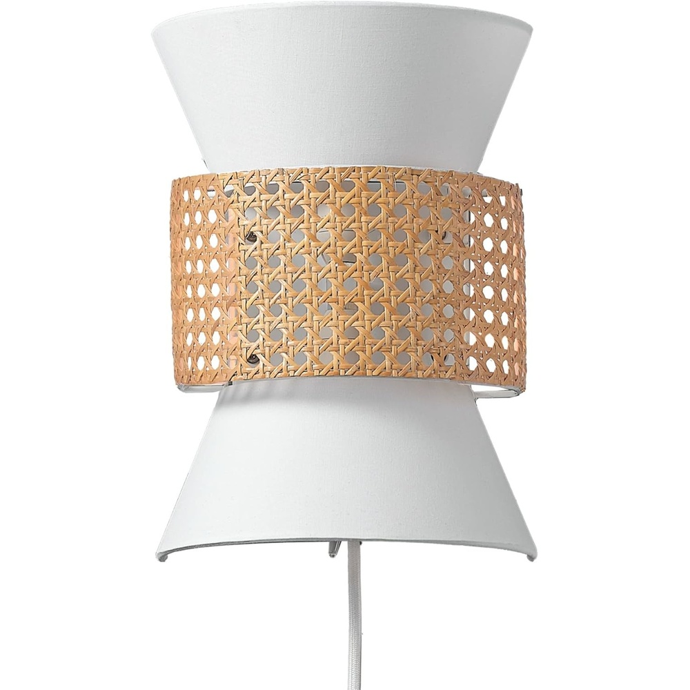 image:imageGlobe Electric 65925 2Light Plugin or Hardwire Wall Sconce Matte White Fabric Shade with Natural Rattan Accent 6ft Braided Cord inLine Rocker Switch Modern Lighting for Apartments or RentersAyla