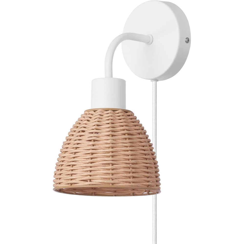 image:imageGlobe Electric 65925 2Light Plugin or Hardwire Wall Sconce Matte White Fabric Shade with Natural Rattan Accent 6ft Braided Cord inLine Rocker Switch Modern Lighting for Apartments or RentersBriar White
