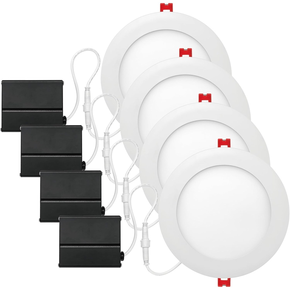 image:imageGlobe Electric 90933 6 Ultra Slim LED Integrated Recessed Lighting Kit 12 Watts Energy Star IC and Wet Rated White Finish 631 Hole Size Dimmer Switch Compatible 800 Lumens 3000K4 Pack