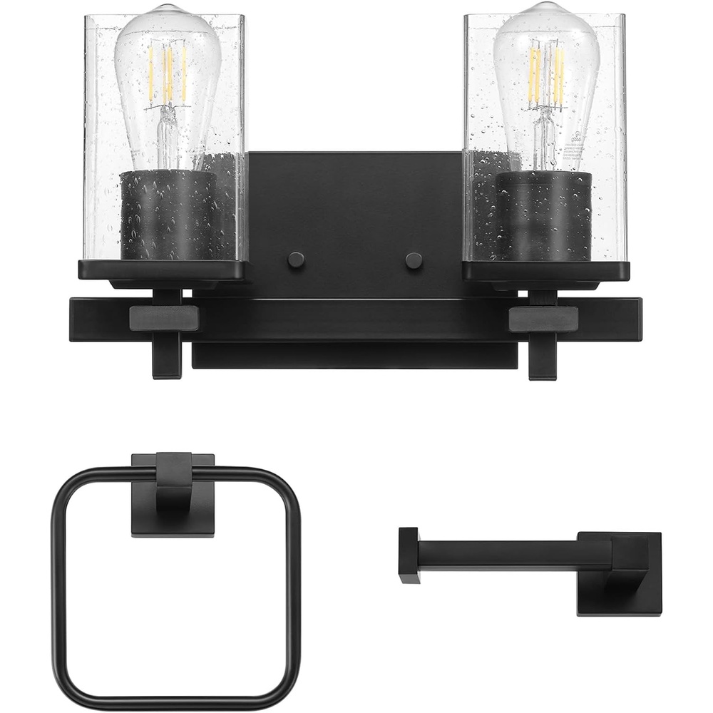 image:imageGlobe Electric 91007782 Dakota 2 Light 13 Wide Vanity Light with Towel Ring and Toilet Paper Holder  Matte Black