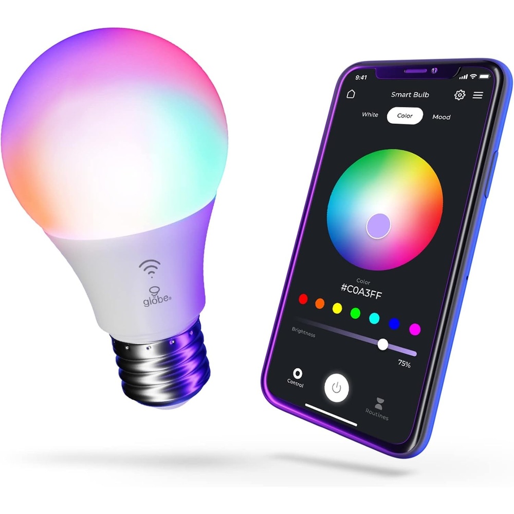 image:imageGlobe Electric WiFi Smart 10W LED Bulb Multicolor RGB Tunable White 2000K5000K A19 Shape E26 Base App Voice Control No Hub Required 34212Color Changing 1pack