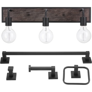 GLOBE Electric 51863 Auckland 5-Piece All-in-One Bathroom Set, Black, Faux Wood, 3-Light Vanity Light with Seeded Glass Shades, Towel Bar, Towel Ring, Robe Hook, Toilet Paper Holder
