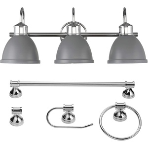 GLOBE Electric Sydney 5-Piece Bathroom Set, Matte Gray and Chrome, 3-Light Vanity Light, Towel Bar, Towel Ring, Robe Hook, Toilet Paper Holder