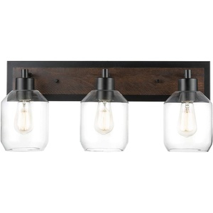 GLOBE Electric Williamsburg 3-Light Vanity Light, Matte Black, Faux Wood Accent, Clear Glass Shades