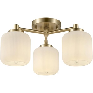 Globe Electric 3-Light Flush Mount Ceiling Light, Brass, Frosted Ribbed Glass Shade, Updated Traditional Style for Home Lighting(Brass  3 Frosted Ribbed Glass Shades)