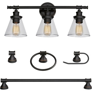 Globe Electric 51234 5-Piece All-in-One Bathroom Set, Chrome, 23″ 3-Light Vanity Wall Light with Clear Glass Shades, Towel Bar and Ring, Robe Hook, Toilet Paper Holder, Beauty Room Accessories(Bronze  Parker)