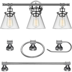 Globe Electric 51234 5-Piece All-in-One Bathroom Set, Chrome, 23″ 3-Light Vanity Wall Light with Clear Glass Shades, Towel Bar and Ring, Robe Hook, Toilet Paper Holder, Beauty Room Accessories(Chrome  Parker)