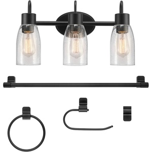Globe Electric 51234 5-Piece All-in-One Bathroom Set, Chrome, 23″ 3-Light Vanity Wall Light with Clear Glass Shades, Towel Bar and Ring, Robe Hook, Toilet Paper Holder, Beauty Room Accessories(Black  Seeded Shades)
