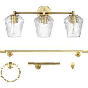 Globe Electric 51234 5-Piece All-in-One Bathroom Set, Chrome, 23″ 3-Light Vanity Wall Light with Clear Glass Shades, Towel Bar and Ring, Robe Hook, Toilet Paper Holder, Beauty Room Accessories(Brass)