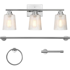 Globe Electric 51234 5-Piece All-in-One Bathroom Set, Chrome, 23″ 3-Light Vanity Wall Light with Clear Glass Shades, Towel Bar and Ring, Robe Hook, Toilet Paper Holder, Beauty Room Accessories(Silver)