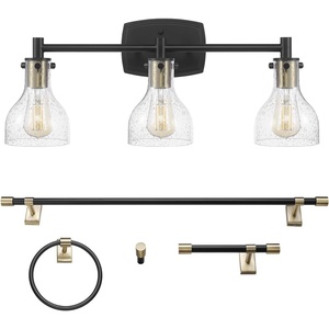 Globe Electric 51234 5-Piece All-in-One Bathroom Set, Chrome, 23″ 3-Light Vanity Wall Light with Clear Glass Shades, Towel Bar and Ring, Robe Hook, Toilet Paper Holder, Beauty Room Accessories(Matte Black  Bailey (5-Piece))