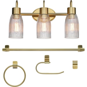 Globe Electric 51234 5-Piece All-in-One Bathroom Set, Chrome, 23″ 3-Light Vanity Wall Light with Clear Glass Shades, Towel Bar and Ring, Robe Hook, Toilet Paper Holder, Beauty Room Accessories(Black  Ribbed Shades)