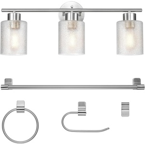 Globe Electric 51234 5-Piece All-in-One Bathroom Set, Chrome, 23″ 3-Light Vanity Wall Light with Clear Glass Shades, Towel Bar and Ring, Robe Hook, Toilet Paper Holder, Beauty Room Accessories(Brushed Nickel)