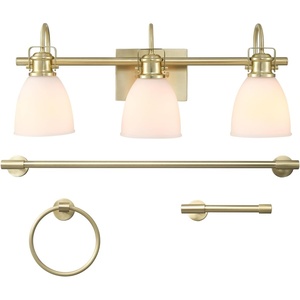 Globe Electric 51234 5-Piece All-in-One Bathroom Set, Chrome, 23″ 3-Light Vanity Wall Light with Clear Glass Shades, Towel Bar and Ring, Robe Hook, Toilet Paper Holder, Beauty Room Accessories(Matte Brass  Frosted Opal Glass)