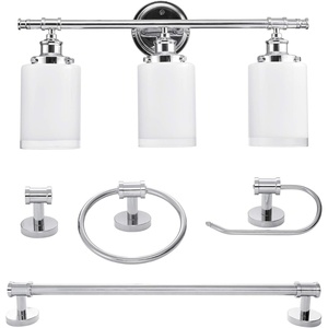 Globe Electric 51414 Freya 5-Piece All-in-One Bathroom Set, 3 Vanity Light with White Shades, Bar, Towel Ring, Robe Hook, Toilet Paper Holder, Chrome with Frosted Glass