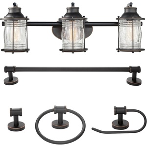 Globe Electric 51549 5-Piece All-in-One Bathroom Set, Oil Rubbed Bronze, 3-Light Vanity Wall Light with Ribbed Seeded Glass Shades, Towel Bar and Ring, Robe Hook, Toilet Paper Holder(Oil-Rubbed Bronze)