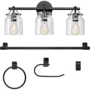 Globe Electric 51634 Dakota 5-Piece All-in-One Bathroom Set 3 Vanity Light with Seeded Glass Shades, Bar, Toilet Paper Holder, Towel Ring, Robe Hook, Matte Black(Matte Black)
