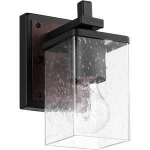 Globe Electric 51634 Dakota 5-Piece All-in-One Bathroom Set 3 Vanity Light with Seeded Glass Shades, Bar, Toilet Paper Holder, Towel Ring, Robe Hook, Matte Black(Faux Wood (1-Light))