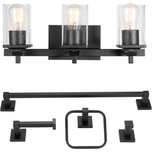 Globe Electric 51634 Dakota 5-Piece All-in-One Bathroom Set 3 Vanity Light with Seeded Glass Shades, Bar, Toilet Paper Holder, Towel Ring, Robe Hook, Matte Black(Black (3-light))