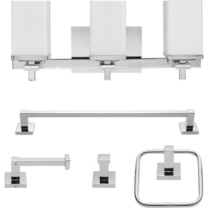 Globe Electric 51634 Dakota 5-Piece All-in-One Bathroom Set 3 Vanity Light with Seeded Glass Shades, Bar, Toilet Paper Holder, Towel Ring, Robe Hook, Matte Black(Chrome)