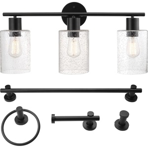 Globe Electric 51851 Bristol 5-Piece All-in-One Bathroom Set, Matte Black, 3-Light Vanity Light with Seeded Glass Shades, Towel Bar, Towel Ring, Robe Hook, Toilet Paper Holder
