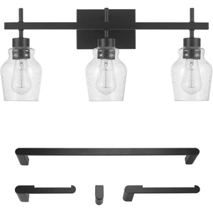 Globe Electric 52063 Bunbury 5-Piece All-in-One Bathroom Set, Matte Black, 3-Light Vanity Light with Seeded Glass Shades, Towel Bar, Towel Ring, Robe Hook, Toilet Paper Holder