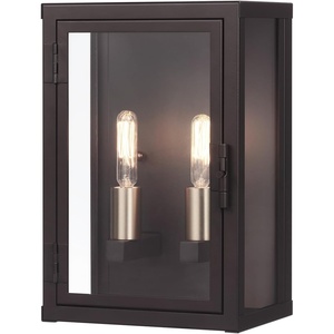Globe Electric 60000131 2-Light Outdoor Wall Sconce, Dark Bronze, Matte Brass Accents, Weatherproof Glass Door Closure(Dark Bronze  Veronica)