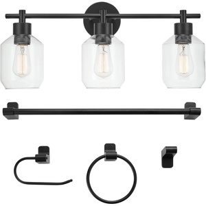 Globe Electric 63000104 3-Piece Bath Accessories, Satin Nickel Finish, 15″ 2-Light Vanity Light, Alabaster Glass Shades, Toilet Paper Holder, Towel Ring, Bathroom Décor, Home Essentials(Matte Black (5-Piece))